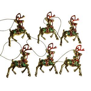 Set Of 6 Vintage Gold Tone Reindeer Christmas Ornaments With Red  Green Accents